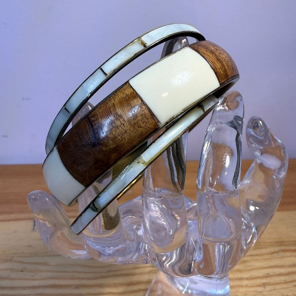Vintage Brass Bangle Bracelet Set of 3 White Wood Inlay Boho Stack